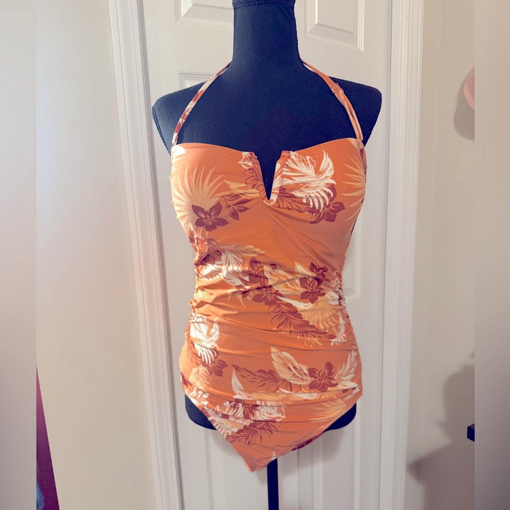 EUC Peach Floral One-Piece Swimsuit Anne Cole size 12-14
